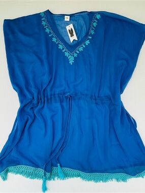 Cruise Club Woman Embroidered Blue Cover-Up Beach Resort Vacation Sheer One Size